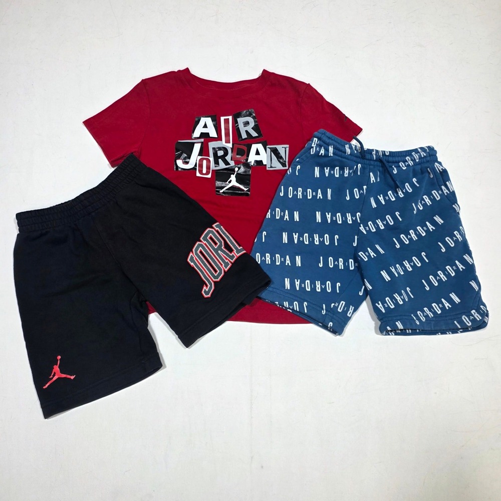Jordan 3pc Set Boys 6 Red Black Blue Graphic Tee Shorts Jumpman Athletic Outfit